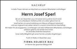 Traueranzeige Josef Sperl
