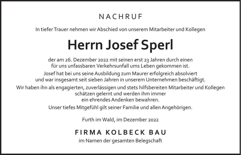 Traueranzeige Josef Sperl