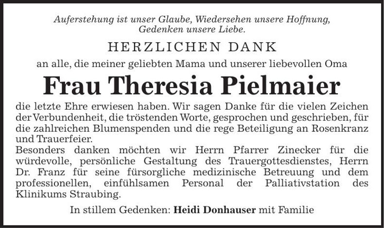 Traueranzeige Theresia Pielmeier