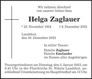 Traueranzeige Helga Zaglauer