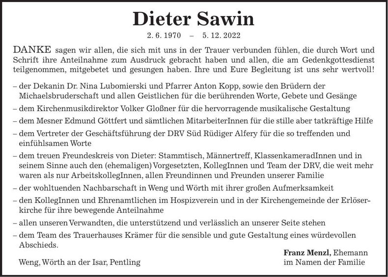 Traueranzeige Dieter Sawin