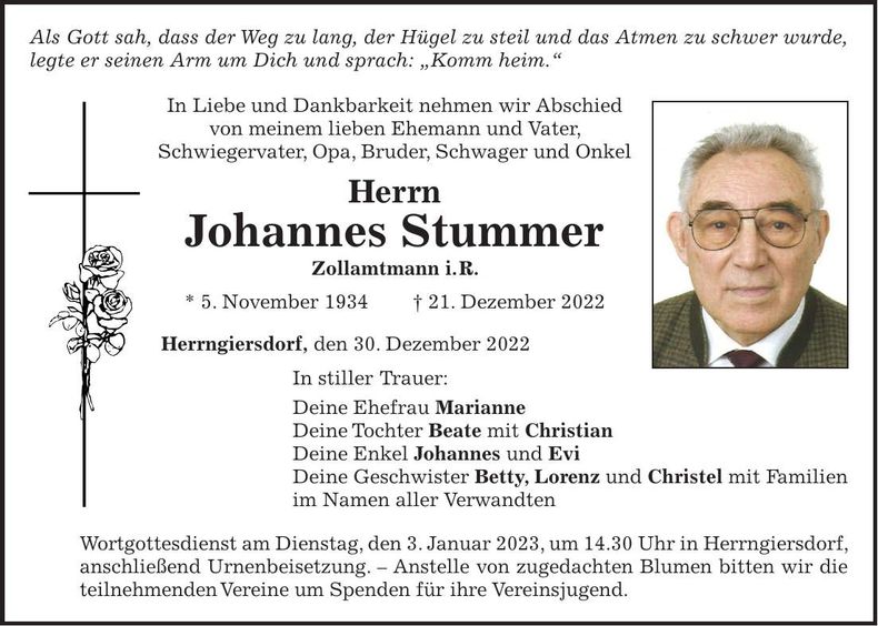 Traueranzeige Johannes Stummer