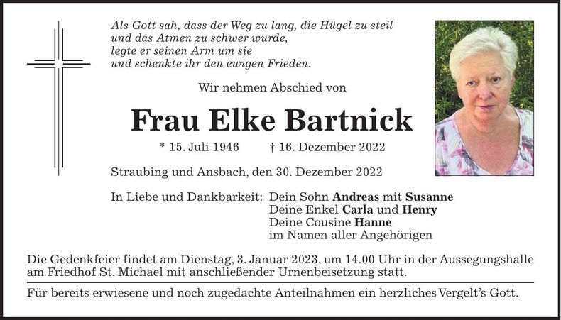 Traueranzeige Elke Bartnick