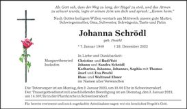 Traueranzeige Johanna Schrödl
