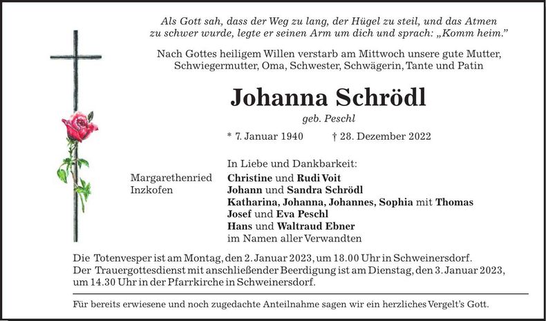 Traueranzeige Johanna Schrödl