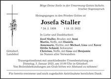 Traueranzeige Josefa Staller