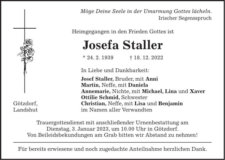 Traueranzeige Josefa Staller