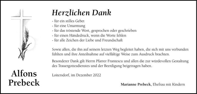 Traueranzeige Josef Prebeck