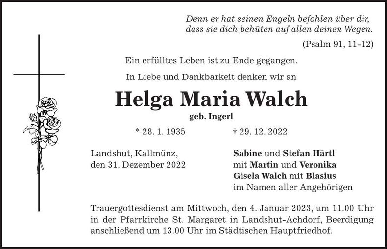 Traueranzeige Helga Maria Walch