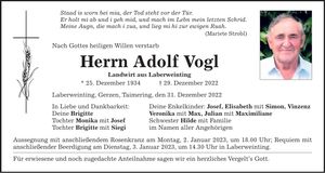 Traueranzeige Adolf Vogl