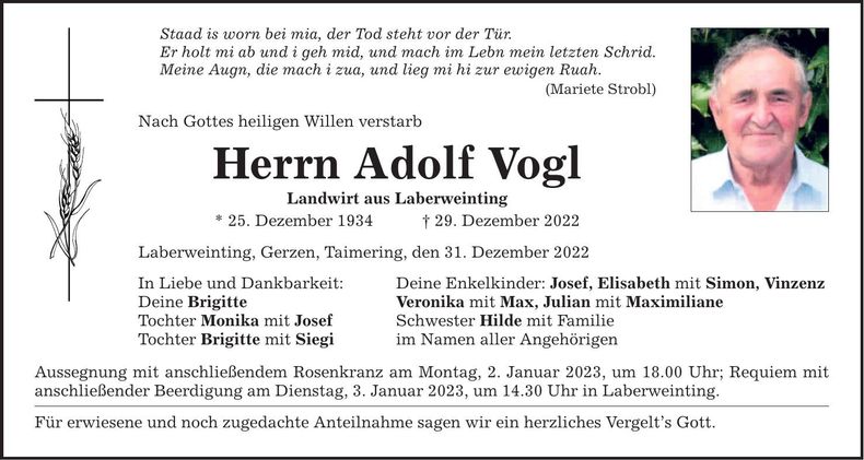 Traueranzeige Adolf Vogl