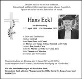 Traueranzeige Hans Eckl