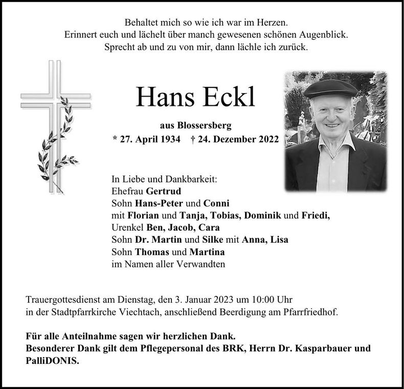 Traueranzeige Hans Eckl