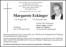 Traueranzeige Margarete Eckinger