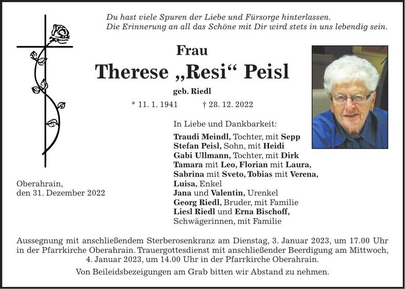 Traueranzeige Therese Peisl