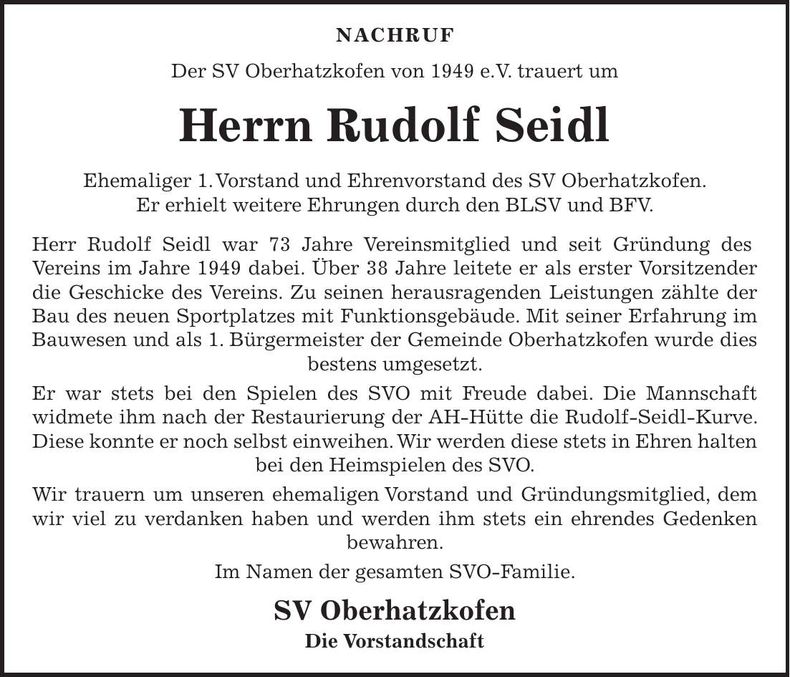 Traueranzeige Rudolf Seidl