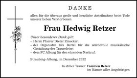 Traueranzeige Hedwig Retzer