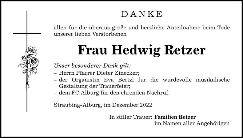 Traueranzeige Hedwig Retzer