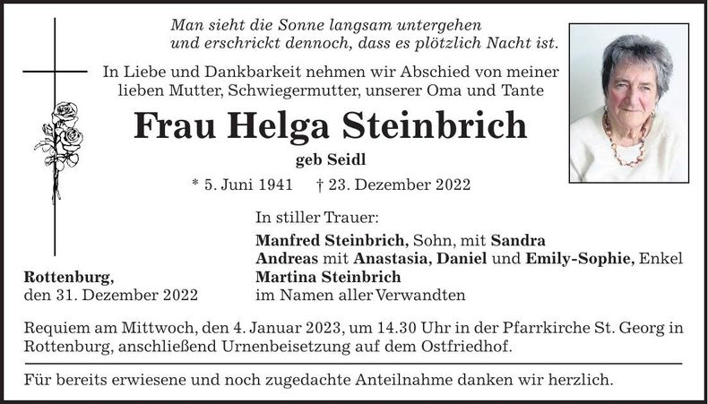 Traueranzeige Helga Steinbruch