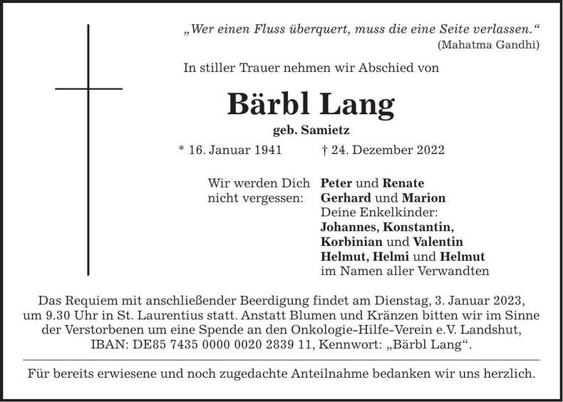 Traueranzeige Bärbl Lang