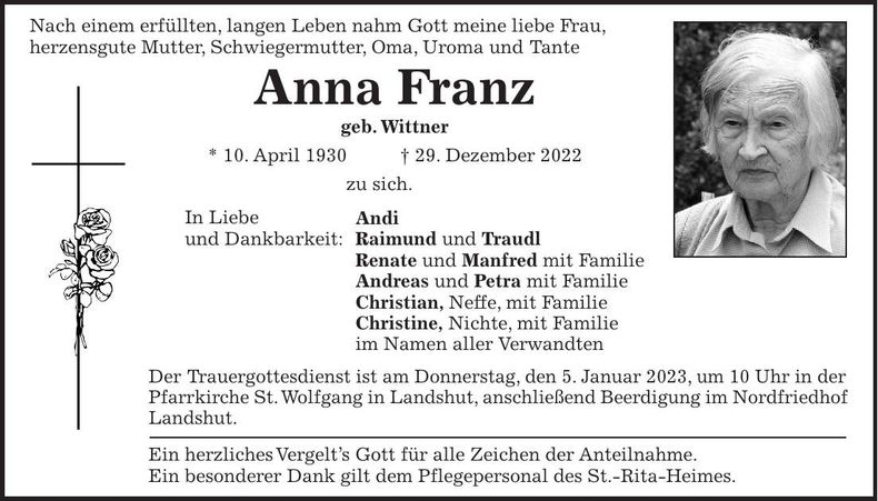 Traueranzeige Anna Franz
