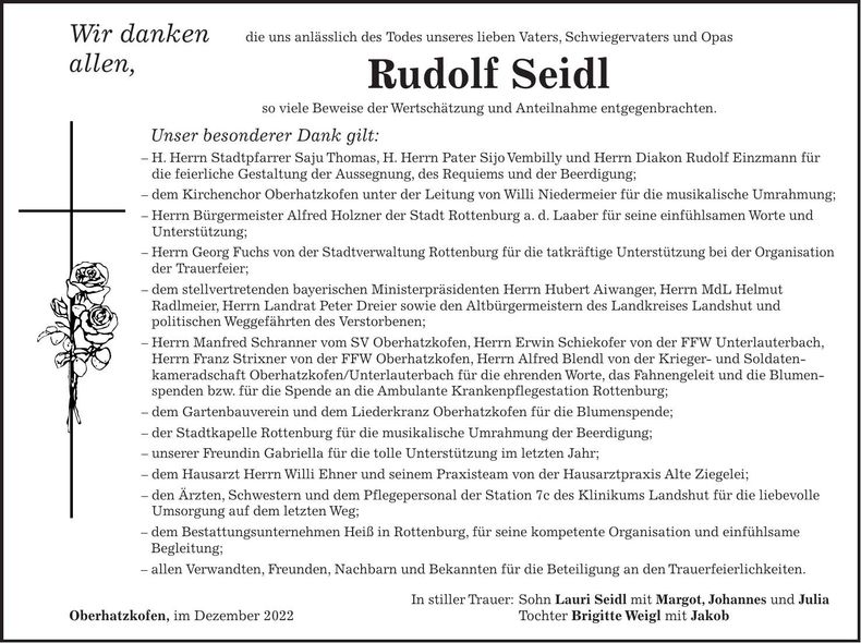 Traueranzeige Rudolf Seidl