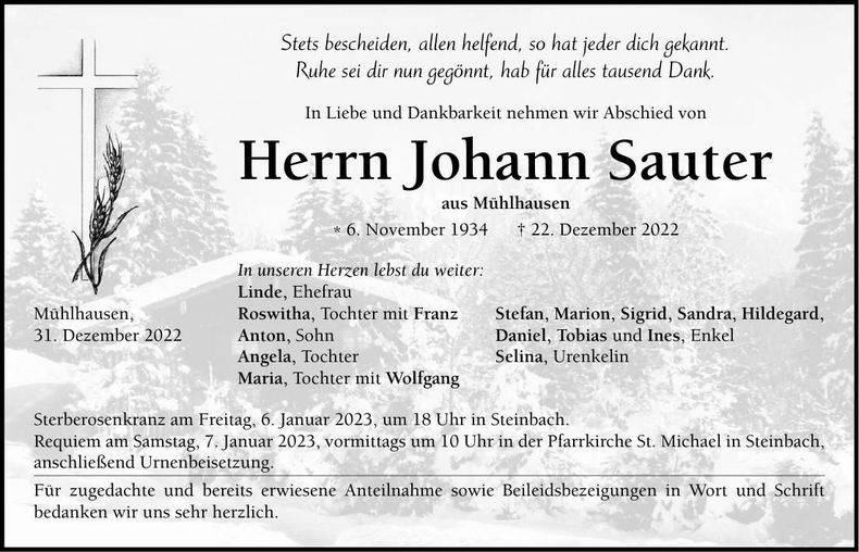 Traueranzeige Josef Sauter