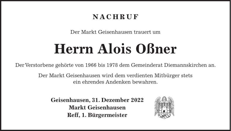 Traueranzeige Alois Oßner
