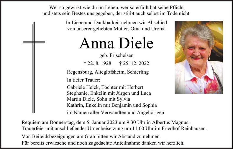 Traueranzeige Anna Diele