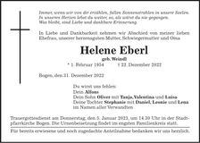 Traueranzeige Helene Eberl