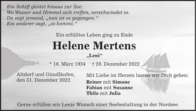 Traueranzeige Helene Mertens