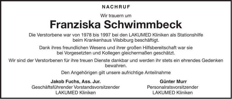 Traueranzeige Franziska Schwimmbeck