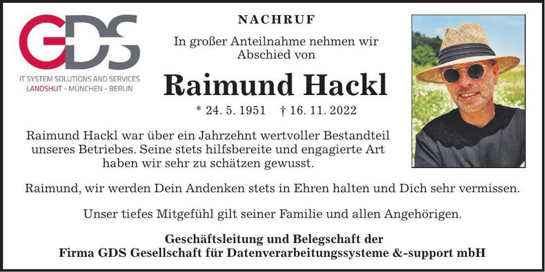 Traueranzeige Raimund Hackl