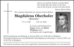 Traueranzeige Magdalena Oberhofer
