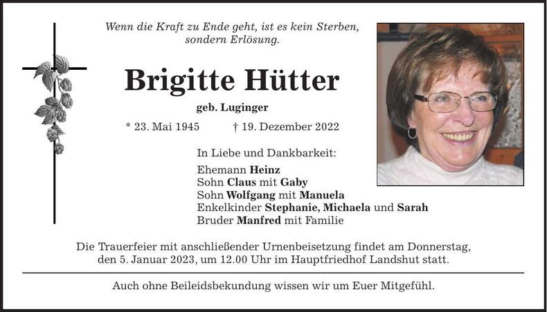 Traueranzeige Brigitte Hütter