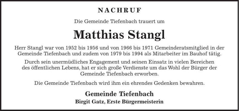 Traueranzeige Matthias Stangl
