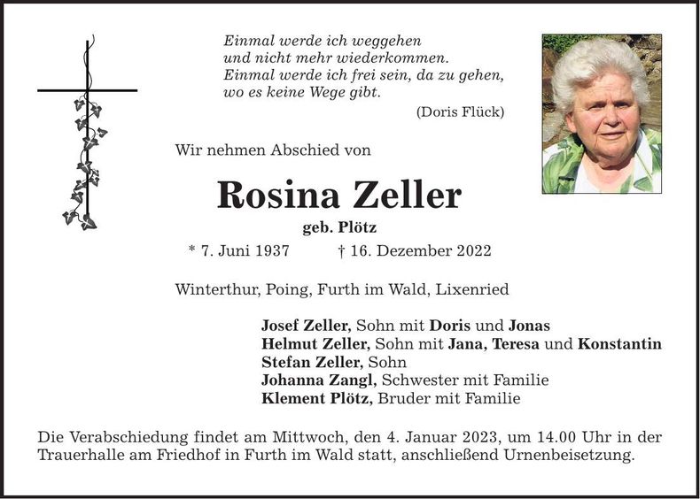 Traueranzeige Rosina Zeller