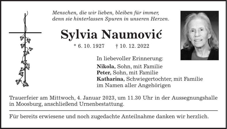 Traueranzeige Sylvia Naumovic