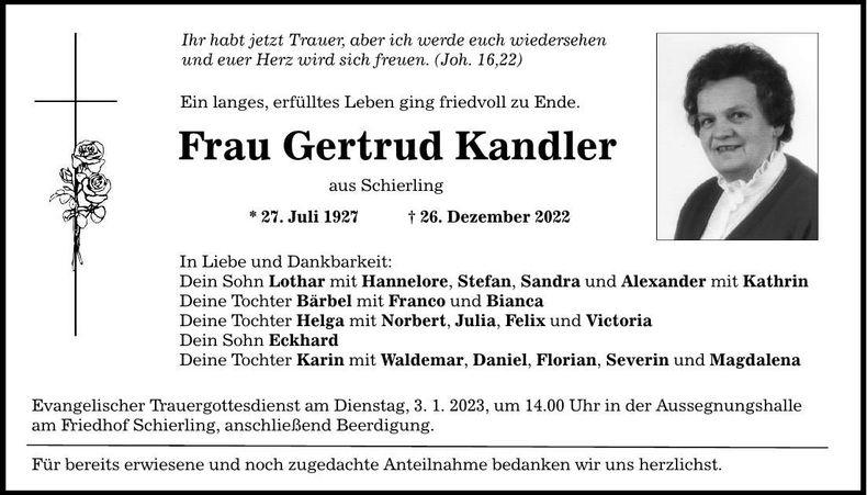 Traueranzeige Gertrud Kandler