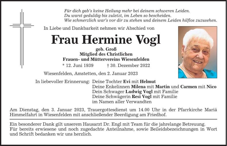 Traueranzeige Hermine Vogl