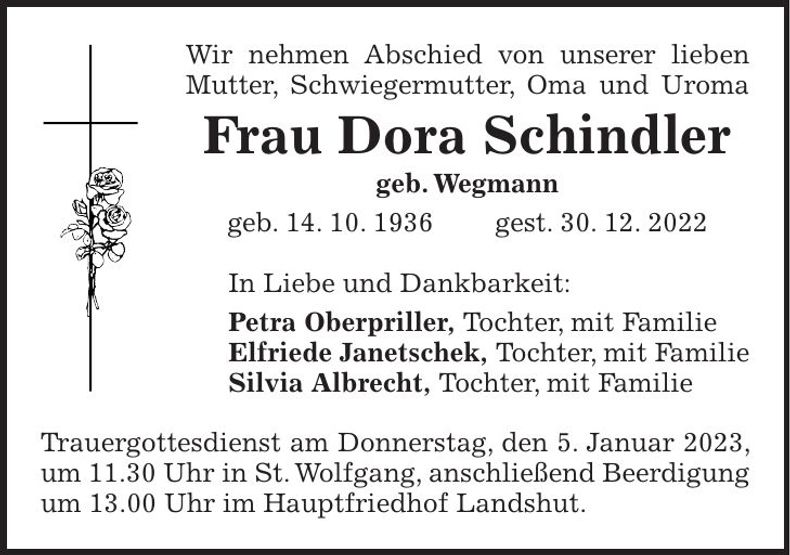 Traueranzeige Dora Schindler