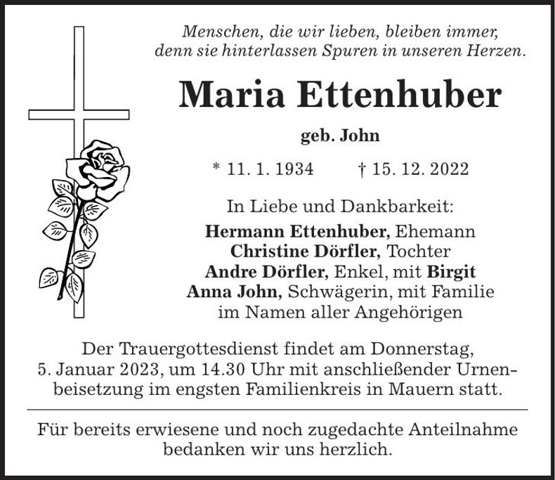 Traueranzeige Maria Ettenhuber