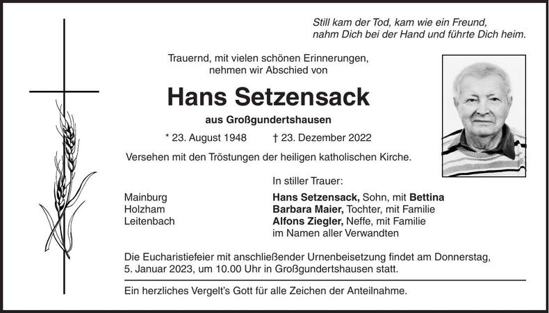 Traueranzeige Hans Setzensack