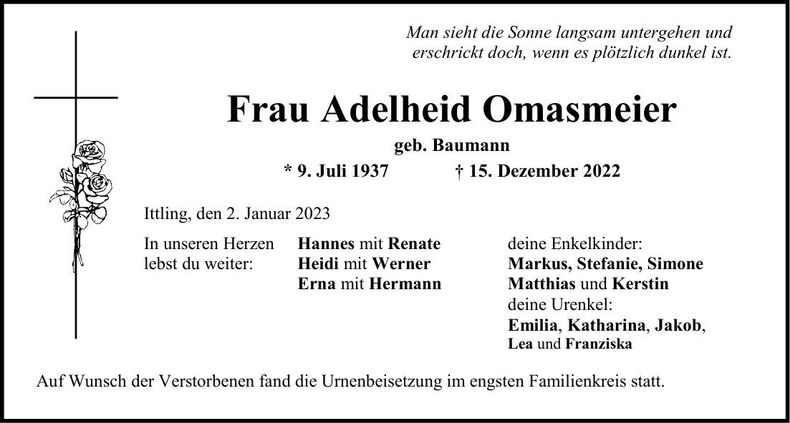 Traueranzeige Adelheid Omasmeier