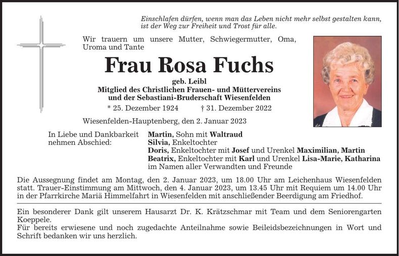 Traueranzeige Rosa Fuchs