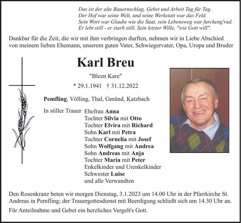 Traueranzeige Karl Breu