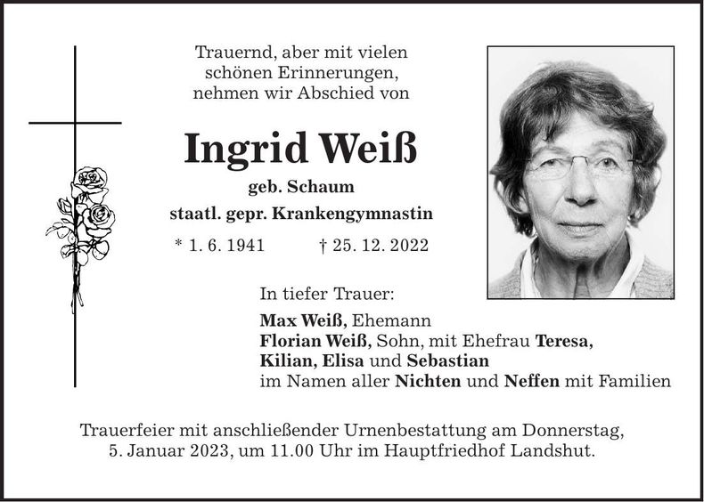 Traueranzeige Ingrid Weiß