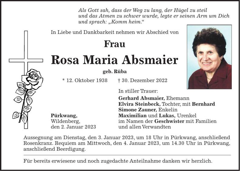 Traueranzeige Rosa Maria Absmaier