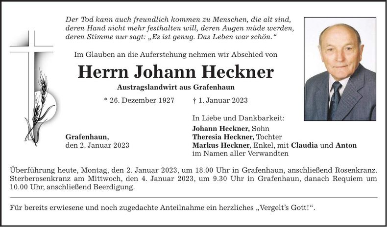 Traueranzeige Johann Heckner
