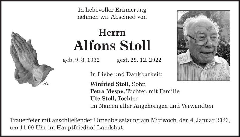 Traueranzeige Alfons Stoll